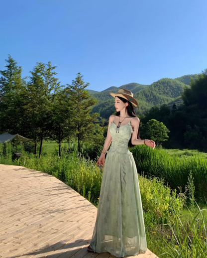Dreamy Green Cinched-Waist Spaghetti Strap Maxi Dress Charming Ruffles Trimmed Nature Shoots Long Dress AP1396