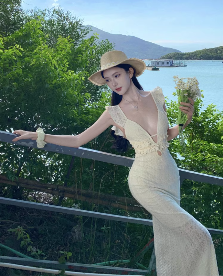 Dreamy Cinched-Waist Flutter Strap Maxi Dress Niche Nature Shoots Textured Fabric Long Dress AP1397