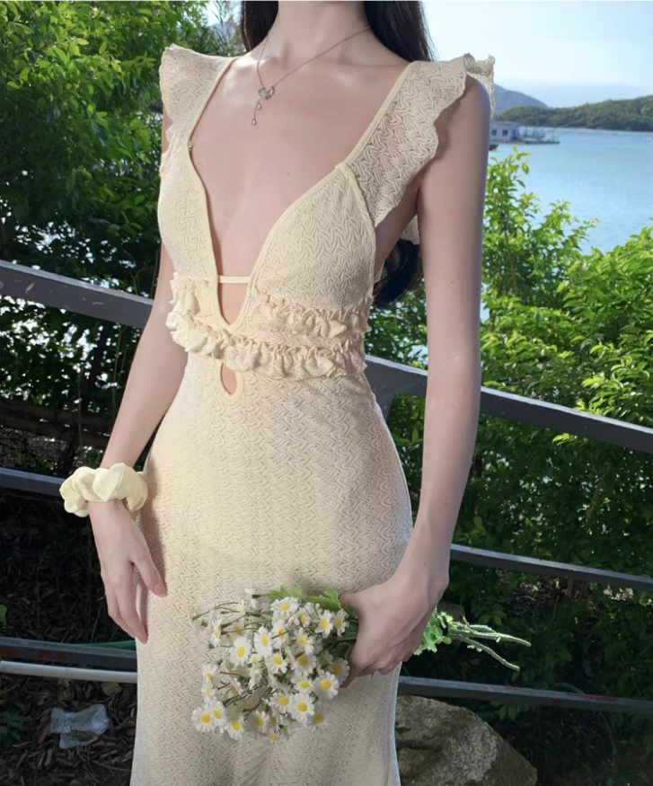 Dreamy Cinched-Waist Flutter Strap Maxi Dress Niche Nature Shoots Textured Fabric Long Dress AP1397