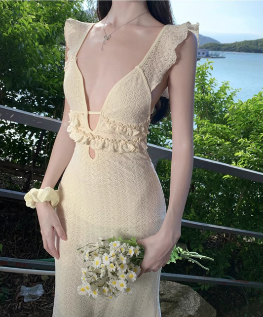 Dreamy Cinched-Waist Flutter Strap Maxi Dress Niche Nature Shoots Textured Fabric Long Dress AP1397