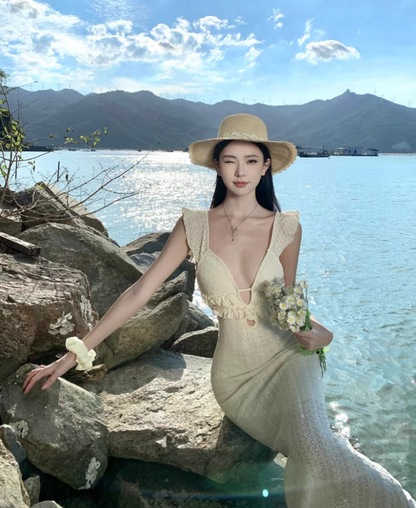 Dreamy Cinched-Waist Flutter Strap Maxi Dress Niche Nature Shoots Textured Fabric Long Dress AP1397