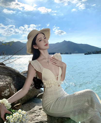 Dreamy Cinched-Waist Flutter Strap Maxi Dress Niche Nature Shoots Textured Fabric Long Dress AP1397