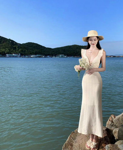 Dreamy Cinched-Waist Flutter Strap Maxi Dress Niche Nature Shoots Textured Fabric Long Dress AP1397