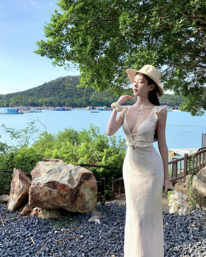 Dreamy Cinched-Waist Flutter Strap Maxi Dress Niche Nature Shoots Textured Fabric Long Dress AP1397