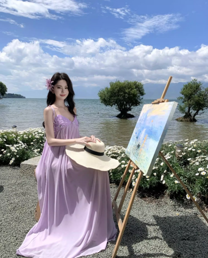 Exquisite Ruched Bustier Flowy Maxi Dress Elegant Nature Shoots Loose Style Long Dress AP1398