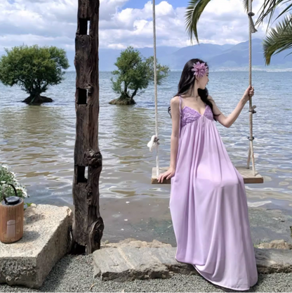 Exquisite Ruched Bustier Flowy Maxi Dress Elegant Nature Shoots Loose Style Long Dress AP1398