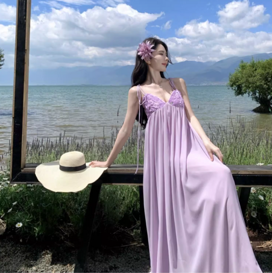 Exquisite Ruched Bustier Flowy Maxi Dress Elegant Nature Shoots Loose Style Long Dress AP1398