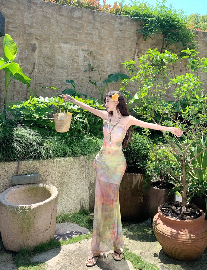 Graceful Bodycon 3D Floral Design Maxi Dress Dopamine Impressionist Oil Painting Print Nature Shoots Long Dress AP1399