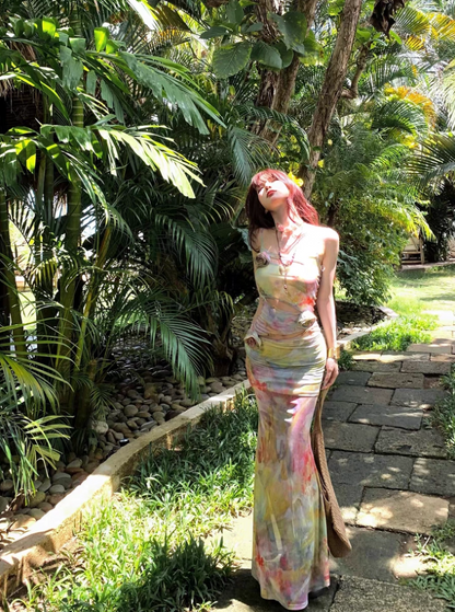 Graceful Bodycon 3D Floral Design Maxi Dress Dopamine Impressionist Oil Painting Print Nature Shoots Long Dress AP1399