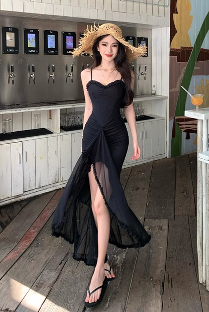 Summer Casual Vacays Side Slit Bodycon Maxi Dress Sexy Black Spaghetti Strap Long Dress AP1400