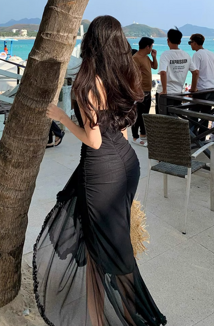 Summer Casual Vacays Side Slit Bodycon Maxi Dress Sexy Black Spaghetti Strap Long Dress AP1400