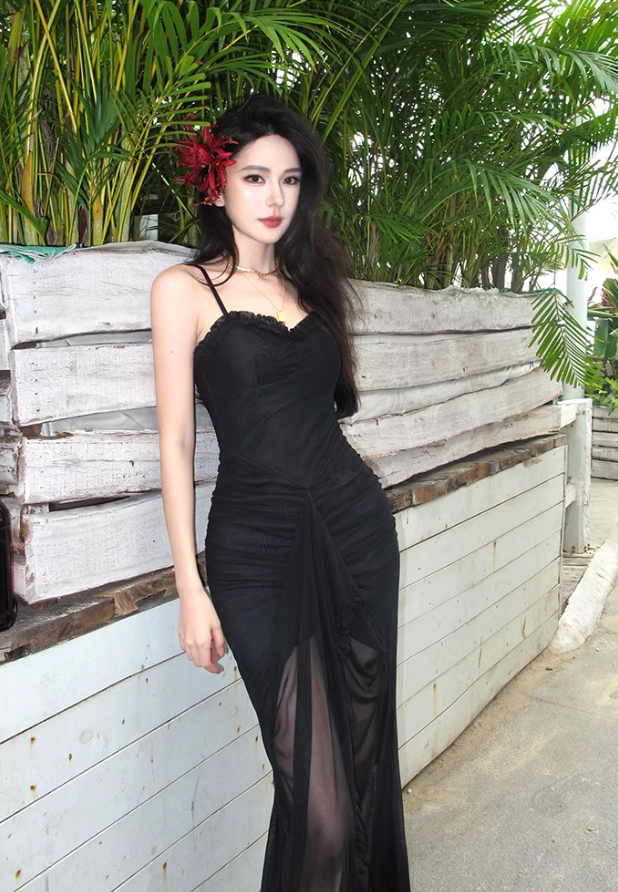 Summer Casual Vacays Side Slit Bodycon Maxi Dress Sexy Black Spaghetti Strap Long Dress AP1400