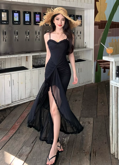 Summer Casual Vacays Side Slit Bodycon Maxi Dress Sexy Black Spaghetti Strap Long Dress AP1400