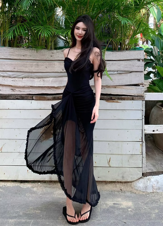 Summer Casual Vacays Side Slit Bodycon Maxi Dress Sexy Black Spaghetti Strap Long Dress AP1400