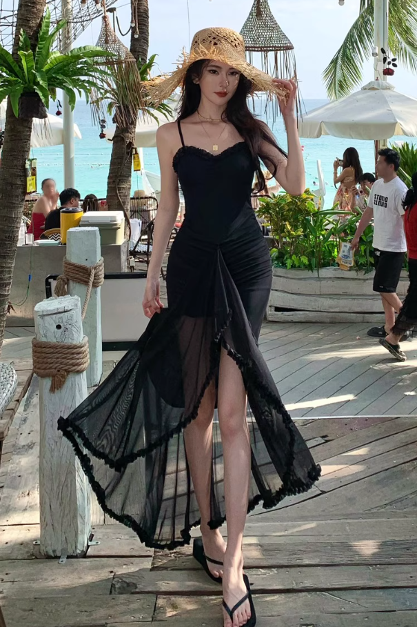 Summer Casual Vacays Side Slit Bodycon Maxi Dress Sexy Black Spaghetti Strap Long Dress AP1400