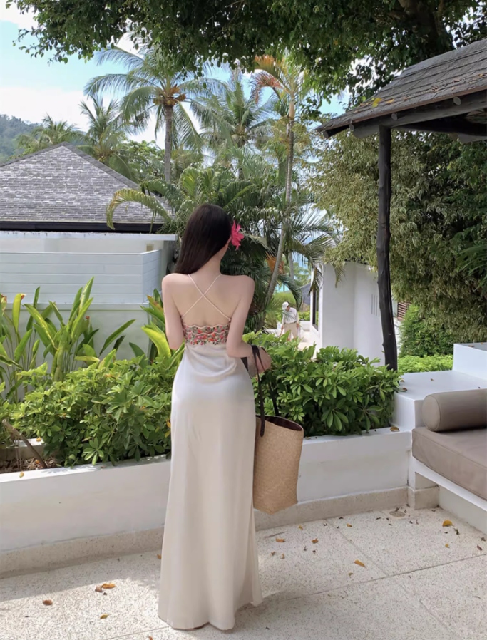 Summer Resort Vacays Floral Trim Maxi Dress Elegant Spaghetti Strap Satin Mermaid Long Dress AP1401