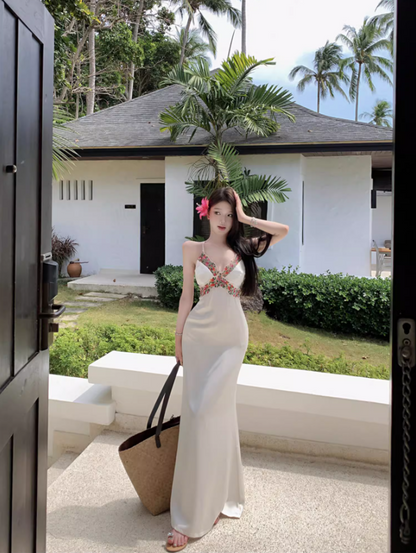 Summer Resort Vacays Floral Trim Maxi Dress Elegant Spaghetti Strap Satin Mermaid Long Dress AP1401