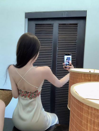 Summer Resort Vacays Floral Trim Maxi Dress Elegant Spaghetti Strap Satin Mermaid Long Dress AP1401