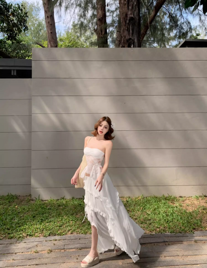 Sexy Lace Splicing Strapless Two-Piece Maxi Dress Fashionable Asymmetric Ruffled Hem Long Dress AP1403