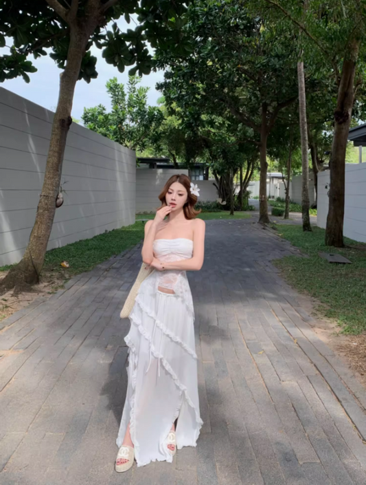 Sexy Lace Splicing Strapless Two-Piece Maxi Dress Fashionable Asymmetric Ruffled Hem Long Dress AP1403