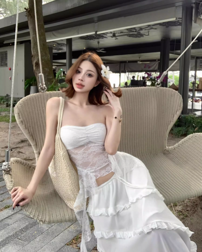 Sexy Lace Splicing Strapless Two-Piece Maxi Dress Fashionable Asymmetric Ruffled Hem Long Dress AP1403