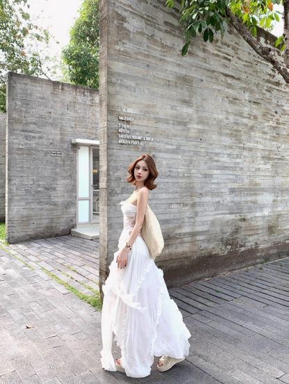 Sexy Lace Splicing Strapless Two-Piece Maxi Dress Fashionable Asymmetric Ruffled Hem Long Dress AP1403