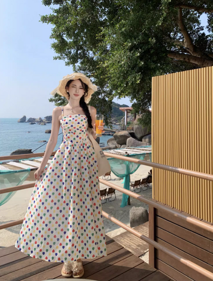 Dopamine Style Polka Dot Design Maxi Dress Chic Detachable Spaghetti Strap Flowy Long Dress AP1404