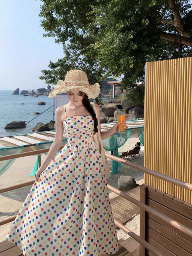 Dopamine Style Polka Dot Design Maxi Dress Chic Detachable Spaghetti Strap Flowy Long Dress AP1404