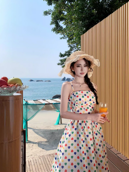 Dopamine Style Polka Dot Design Maxi Dress Chic Detachable Spaghetti Strap Flowy Long Dress AP1404