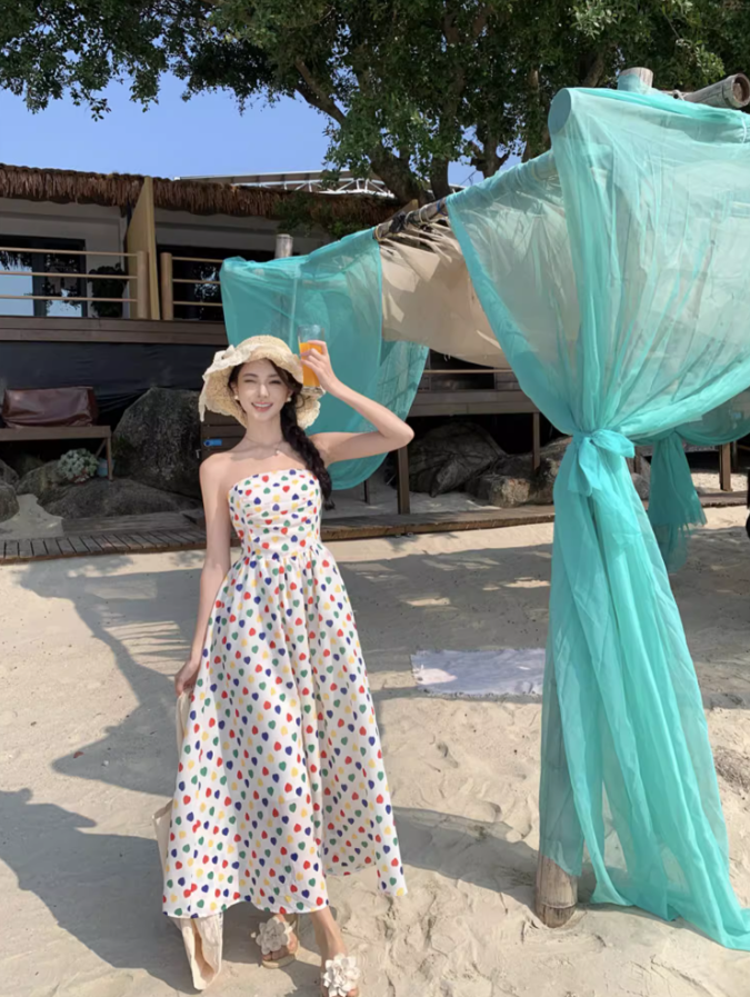 Dopamine Style Polka Dot Design Maxi Dress Chic Detachable Spaghetti Strap Flowy Long Dress AP1404