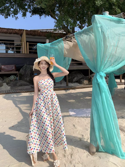 Dopamine Style Polka Dot Design Maxi Dress Chic Detachable Spaghetti Strap Flowy Long Dress AP1404