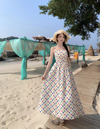 Dopamine Style Polka Dot Design Maxi Dress Chic Detachable Spaghetti Strap Flowy Long Dress AP1404