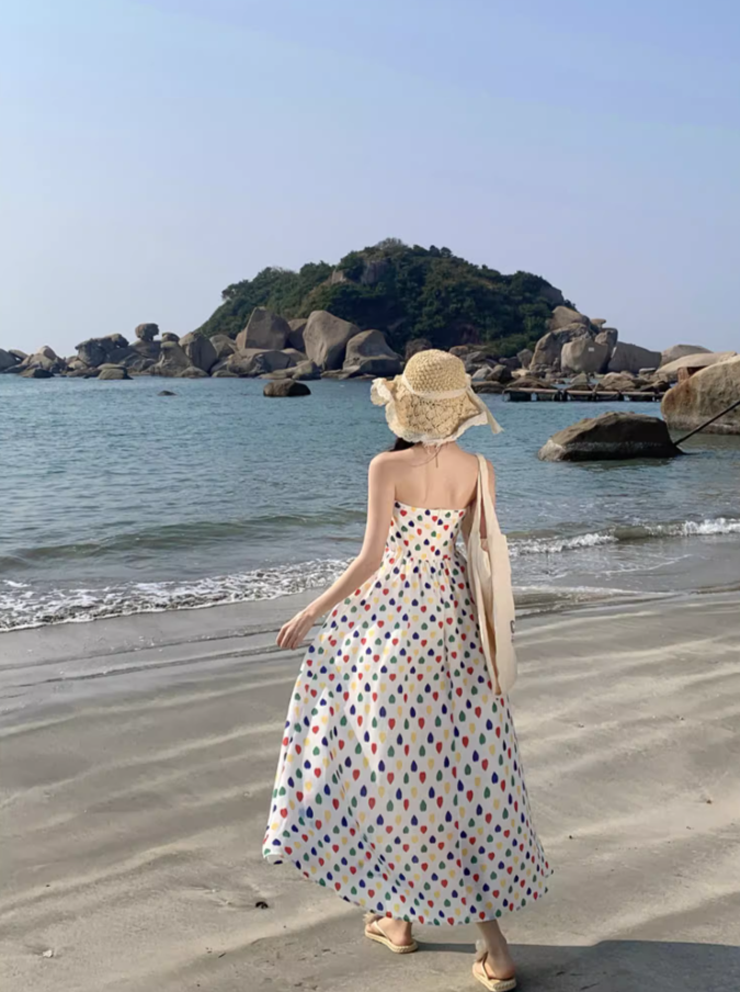 Dopamine Style Polka Dot Design Maxi Dress Chic Detachable Spaghetti Strap Flowy Long Dress AP1404