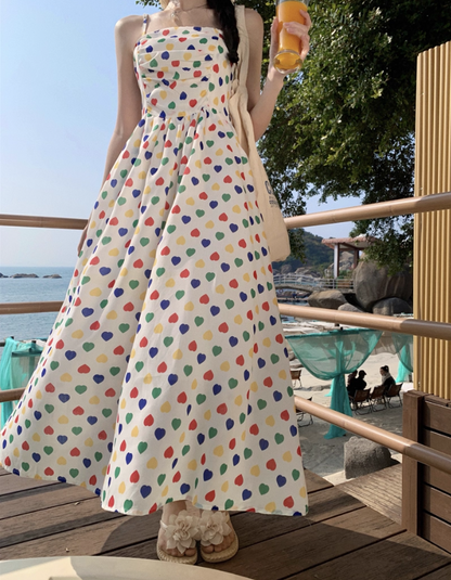 Dopamine Style Polka Dot Design Maxi Dress Chic Detachable Spaghetti Strap Flowy Long Dress AP1404