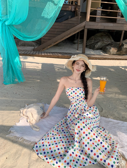 Dopamine Style Polka Dot Design Maxi Dress Chic Detachable Spaghetti Strap Flowy Long Dress AP1404