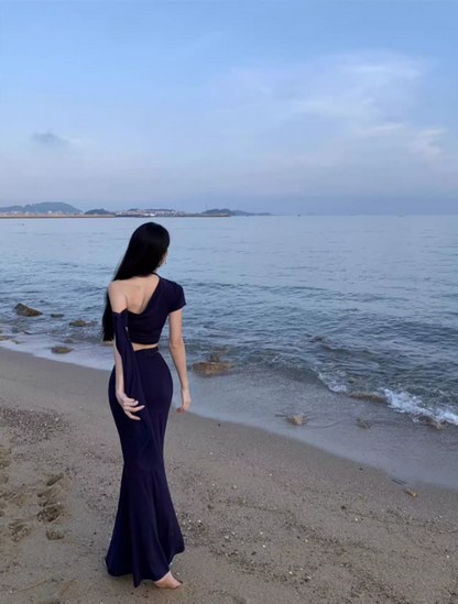 Sexy Navy Blue Two-Piece Set One-Shoulder Maxi Dress Chic Beach Vacays Asymmetric Neck Crop Top Mermaid Long Dress AP1405