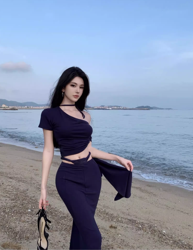 Sexy Navy Blue Two-Piece Set One-Shoulder Maxi Dress Chic Beach Vacays Asymmetric Neck Crop Top Mermaid Long Dress AP1405