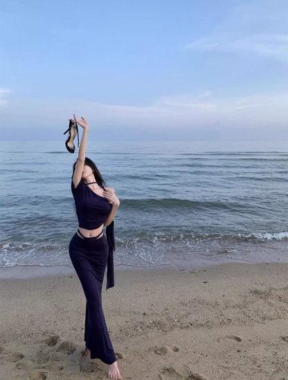Sexy Navy Blue Two-Piece Set One-Shoulder Maxi Dress Chic Beach Vacays Asymmetric Neck Crop Top Mermaid Long Dress AP1405