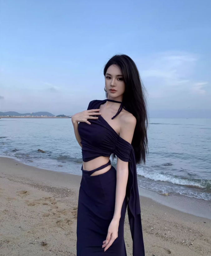 Sexy Navy Blue Two-Piece Set One-Shoulder Maxi Dress Chic Beach Vacays Asymmetric Neck Crop Top Mermaid Long Dress AP1405