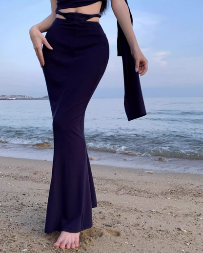 Sexy Navy Blue Two-Piece Set One-Shoulder Maxi Dress Chic Beach Vacays Asymmetric Neck Crop Top Mermaid Long Dress AP1405