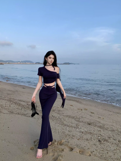 Sexy Navy Blue Two-Piece Set One-Shoulder Maxi Dress Chic Beach Vacays Asymmetric Neck Crop Top Mermaid Long Dress AP1405