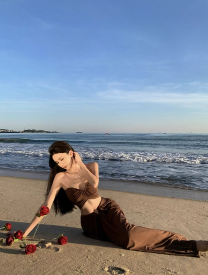 Vintage Brown Beach Outfit Maxi Dress Gen Z Vacays Outfit Strapless Cutout Top Draped Long Dress AP1406