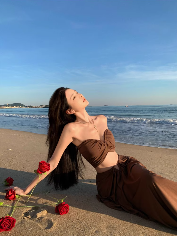 Vintage Brown Beach Outfit Maxi Dress Gen Z Vacays Outfit Strapless Cutout Top Draped Long Dress AP1406