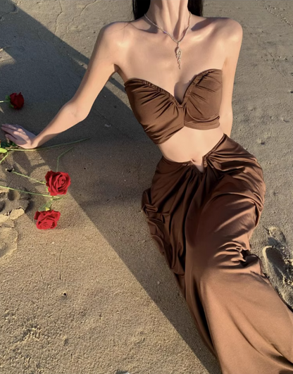 Vintage Brown Beach Outfit Maxi Dress Gen Z Vacays Outfit Strapless Cutout Top Draped Long Dress AP1406