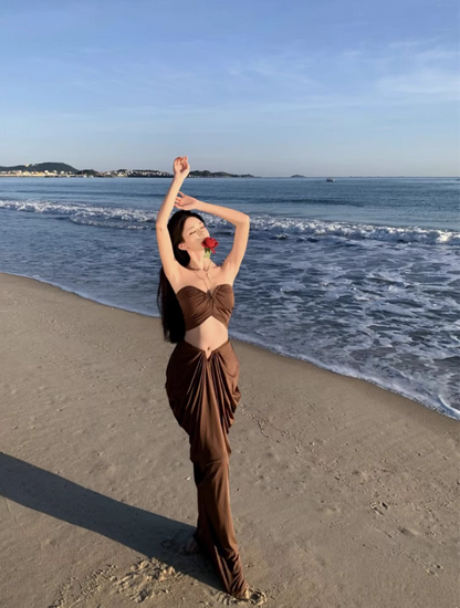 Vintage Brown Beach Outfit Maxi Dress Gen Z Vacays Outfit Strapless Cutout Top Draped Long Dress AP1406