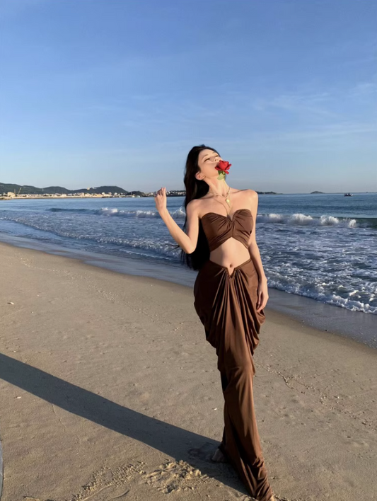 Vintage Brown Beach Outfit Maxi Dress Gen Z Vacays Outfit Strapless Cutout Top Draped Long Dress AP1406