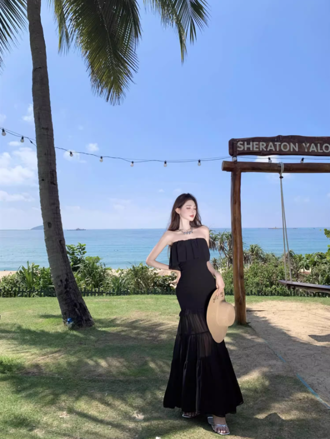 Charming Black Strapless Mermaid Maxi Dress Gen Z Vacays Outfit Ruffled Layered Mesh Long Dress AP1407