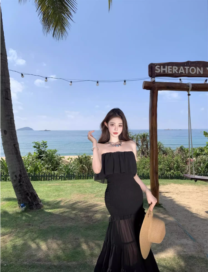 Charming Black Strapless Mermaid Maxi Dress Gen Z Vacays Outfit Ruffled Layered Mesh Long Dress AP1407