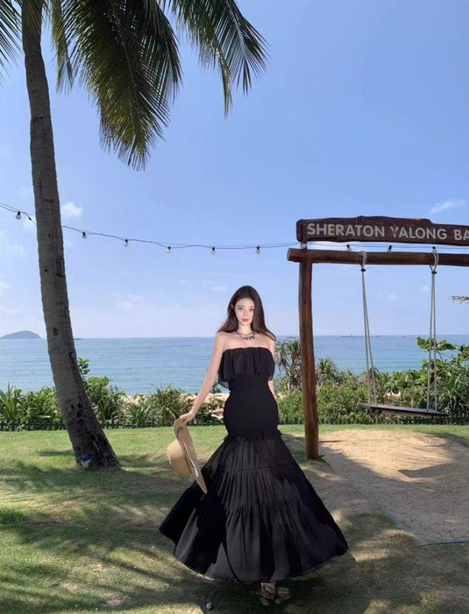 Charming Black Strapless Mermaid Maxi Dress Gen Z Vacays Outfit Ruffled Layered Mesh Long Dress AP1407