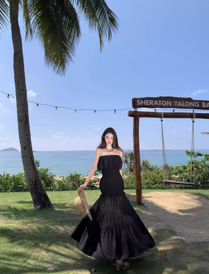 Charming Black Strapless Mermaid Maxi Dress Gen Z Vacays Outfit Ruffled Layered Mesh Long Dress AP1407